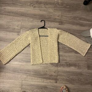 Beige Crochet Open-Front Cardigan